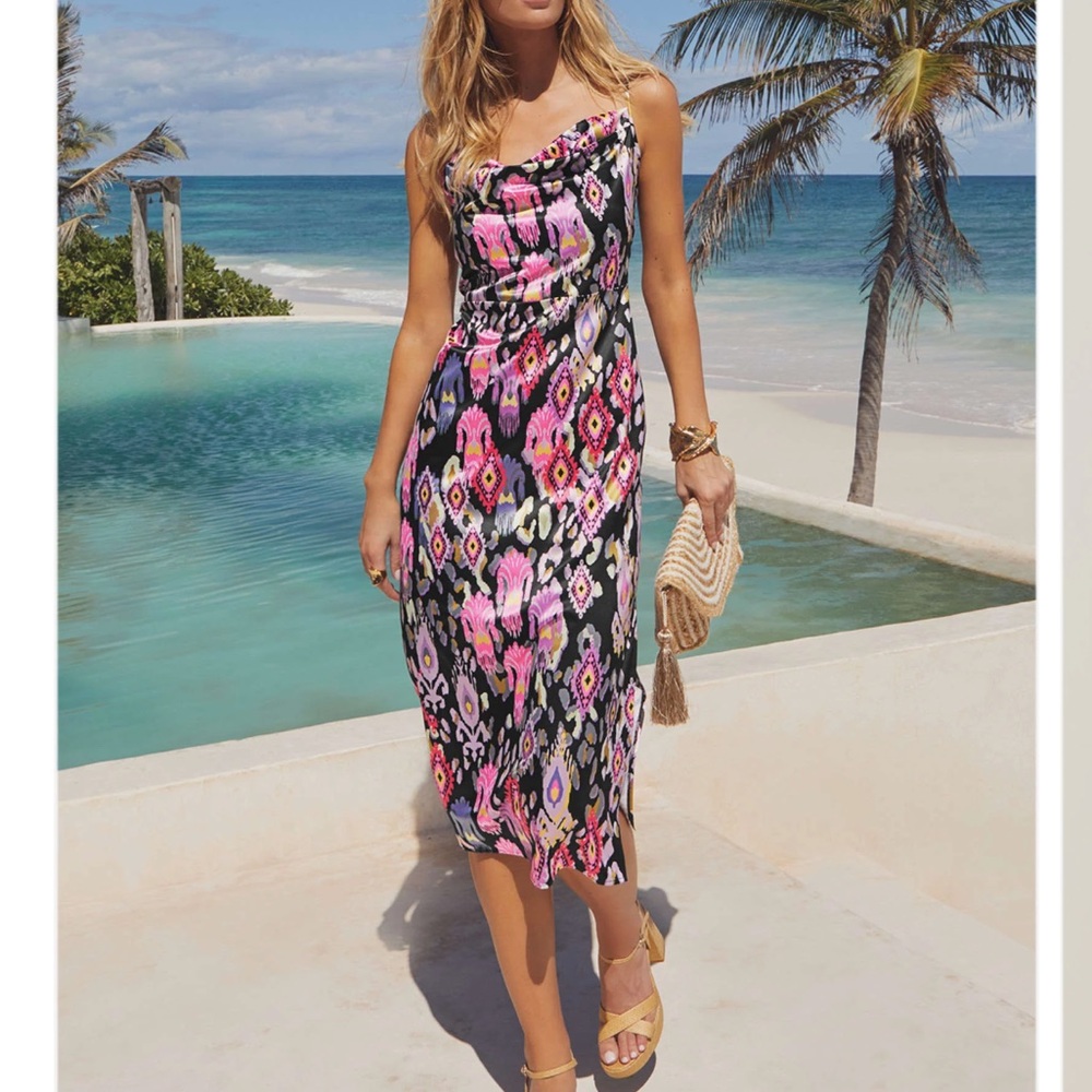 Venus Pink Multicolor Ikat Sleeveless Midi Dress Size 4 Slim Fit